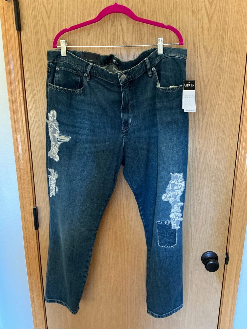 NWT $195 RALPH LAUREN blue jeans pants relaxed, taper women 18 34 waist, comfort